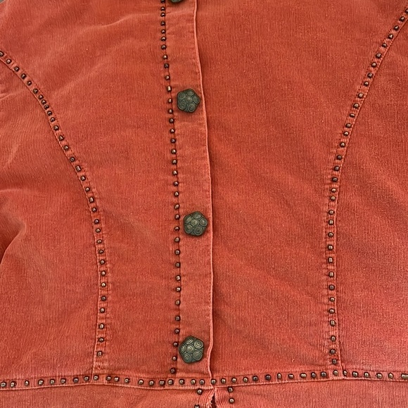 Corduroy jacket. Fur cuffs. pumpkin color with brass studs & buttons. So unique! - Picture 8 of 10